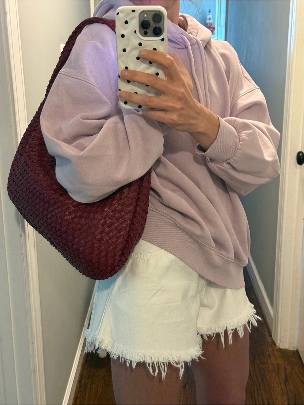 Woven Faux Leather Shoulder Bag - Burgundy